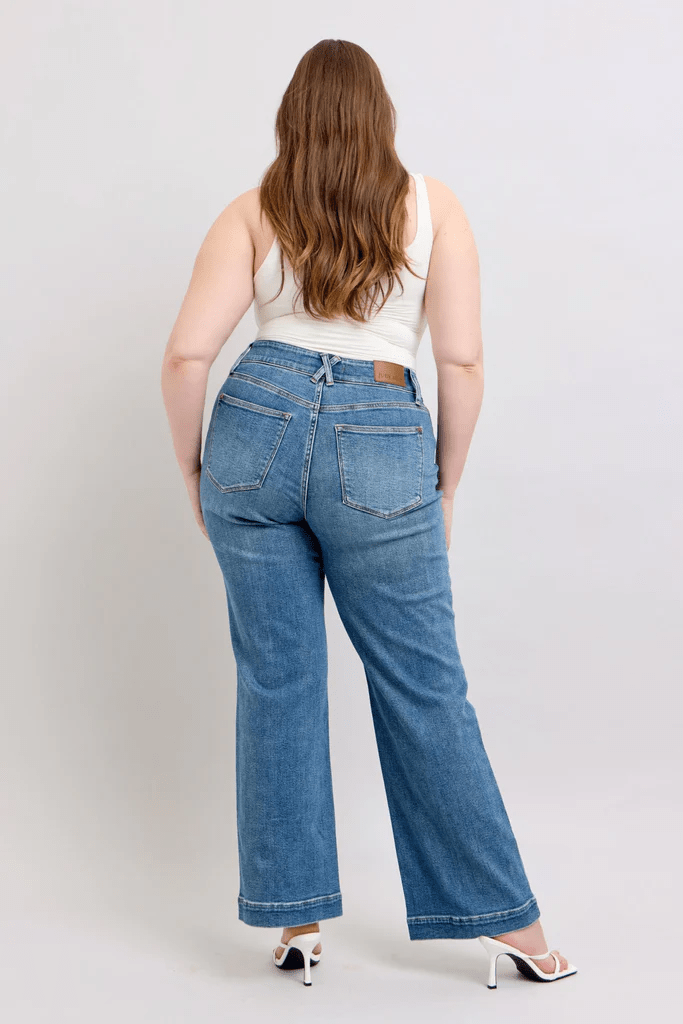 Judy Blue SUPERSTAR Double Button High Rise Star Wide Leg Jeans - Sleekdenim.com