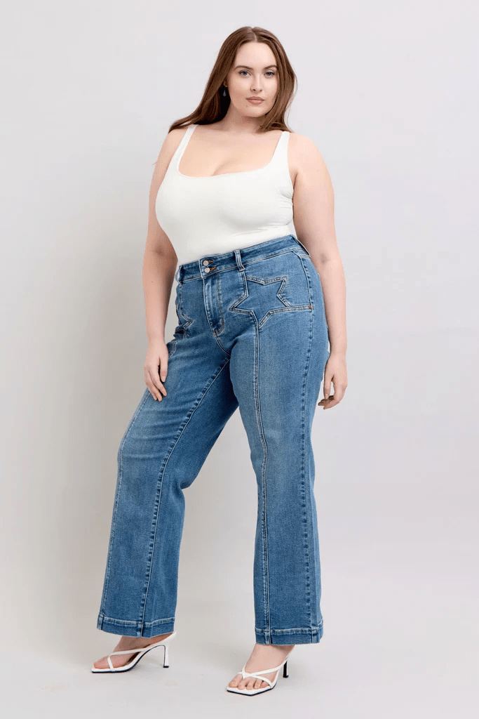 Judy Blue SUPERSTAR Double Button High Rise Star Wide Leg Jeans - Sleekdenim.com