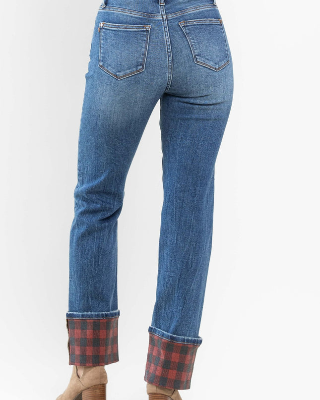 Judy Blue Plaid Cuffed High Rise Cuffed Straight Leg (Long Inseam Option) 88707 - Sleekdenim.com