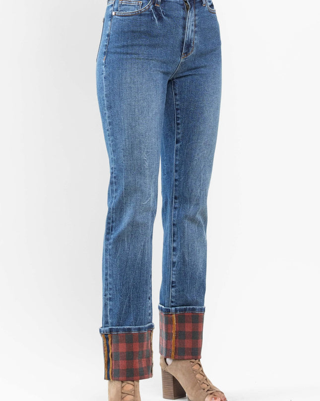 Judy Blue Plaid Cuffed High Rise Cuffed Straight Leg (Long Inseam Option) 88707 - Sleekdenim.com