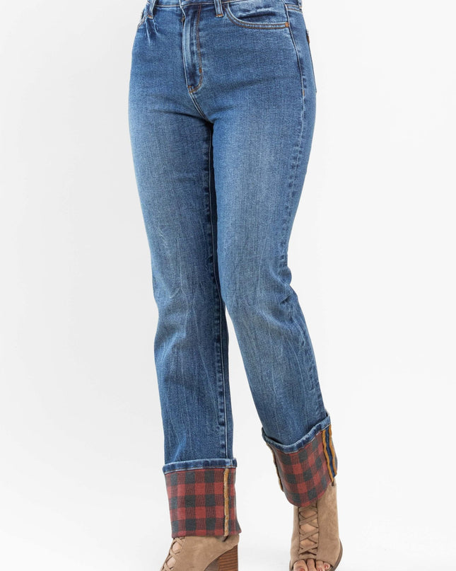 Judy Blue Plaid Cuffed High Rise Cuffed Straight Leg (Long Inseam Option) 88707 - Sleekdenim.com