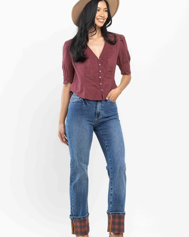Judy Blue Plaid Cuffed High Rise Cuffed Straight Leg (Long Inseam Option) 88707 - Sleekdenim.com