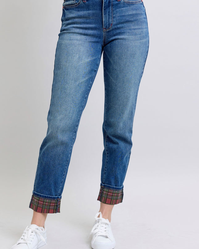 Judy Blue Mid Rise Plaid Print Cuff Boyfriend Denim Jeans 88877