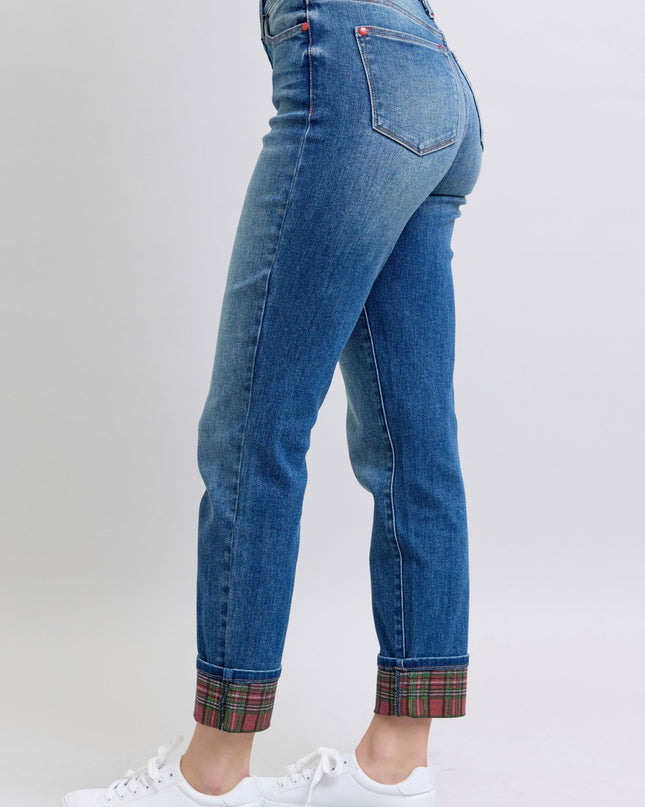Judy Blue Mid Rise Plaid Print Cuff Boyfriend Denim Jeans 88877