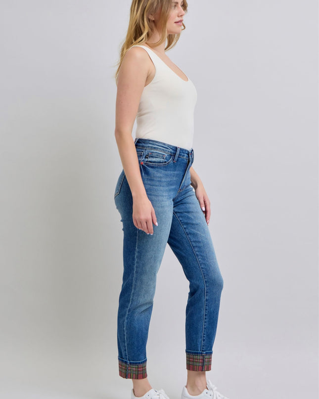Judy Blue Mid Rise Plaid Print Cuff Boyfriend Denim Jeans 88877