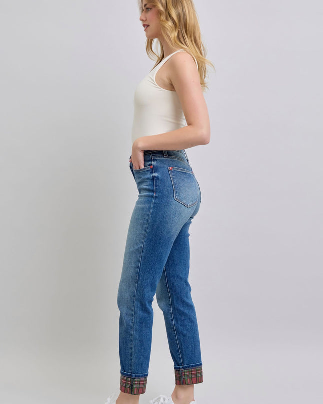 Judy Blue Mid Rise Plaid Print Cuff Boyfriend Denim Jeans 88877