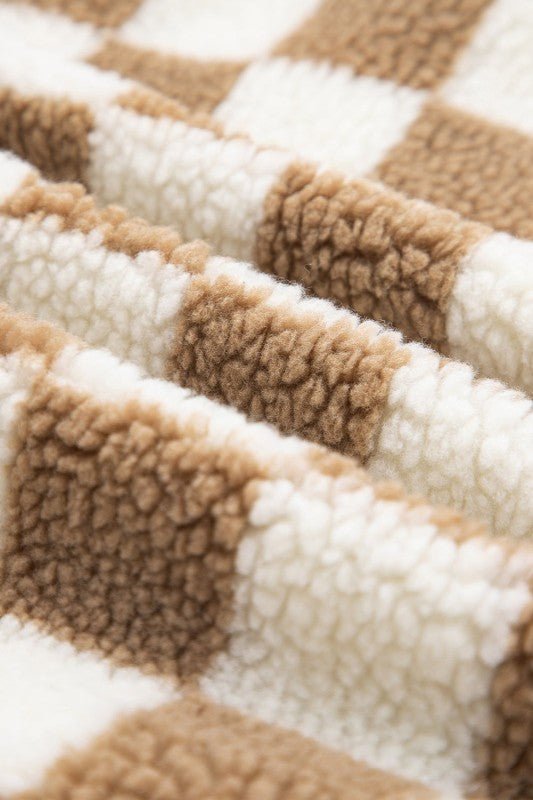 JUNIPER BLVD Checker Sherpa Button Front Chunky Jacket - Sleekdenim.com