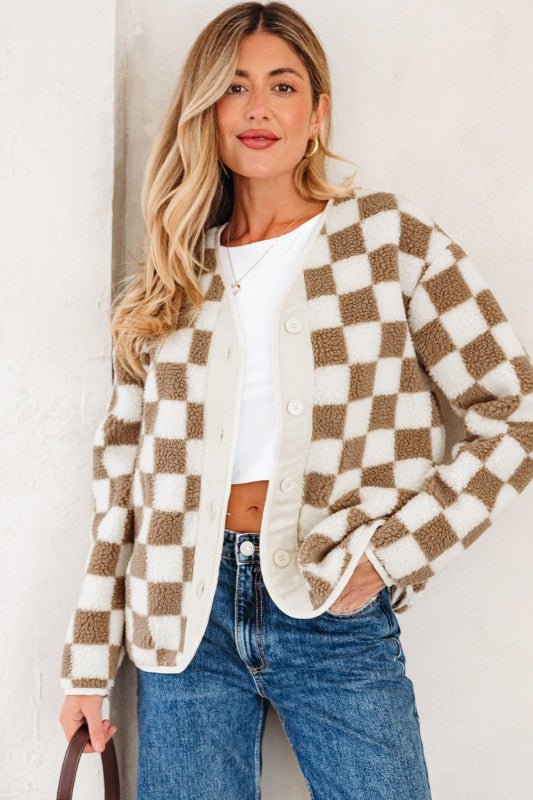 JUNIPER BLVD Checker Sherpa Button Front Chunky Jacket - Sleekdenim.com
