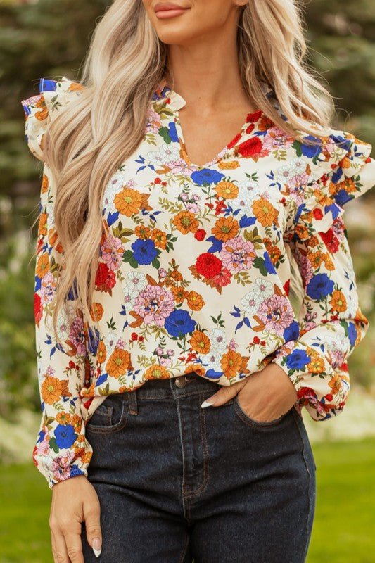 JUNIPER BLVD Floral Ruffle Shoulder Long Sleeve Blouse - Sleekdenim.com