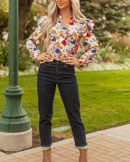 JUNIPER BLVD Floral Ruffle Shoulder Long Sleeve Blouse - Sleekdenim.com