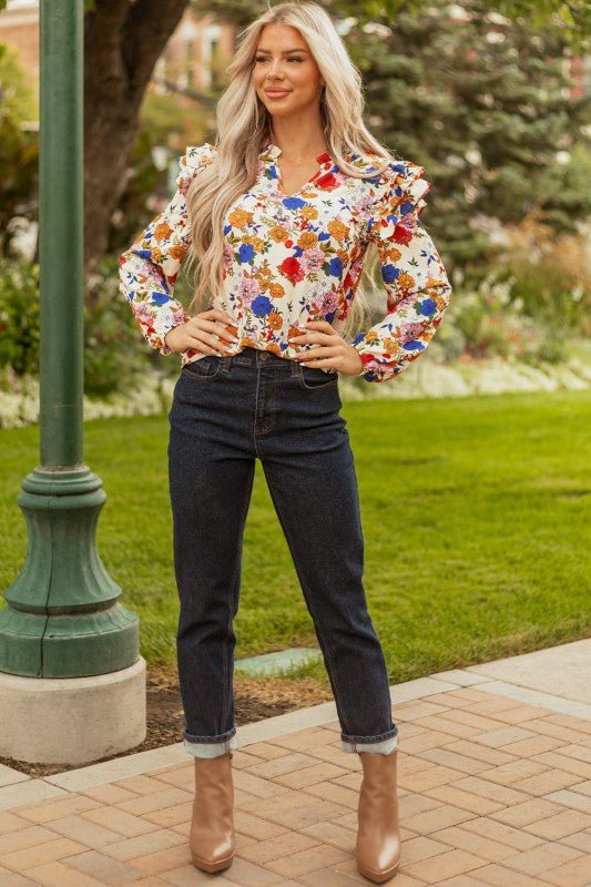 JUNIPER BLVD Floral Ruffle Shoulder Long Sleeve Blouse - Sleekdenim.com