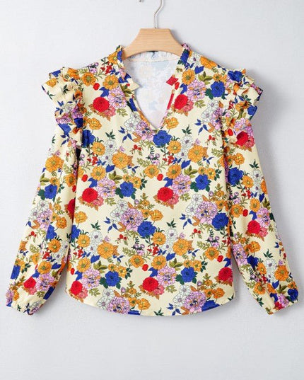 JUNIPER BLVD Floral Ruffle Shoulder Long Sleeve Blouse - Sleekdenim.com