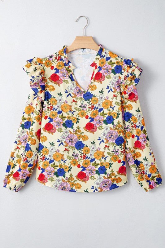 JUNIPER BLVD Floral Ruffle Shoulder Long Sleeve Blouse - Sleekdenim.com