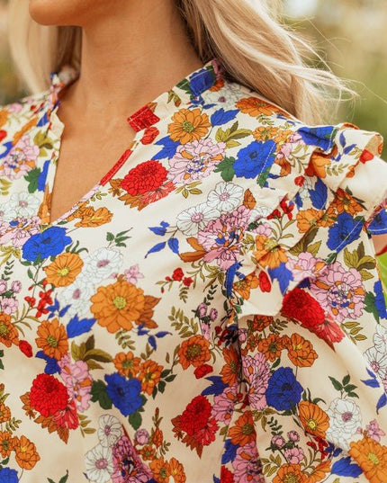 JUNIPER BLVD Floral Ruffle Shoulder Long Sleeve Blouse - Sleekdenim.com