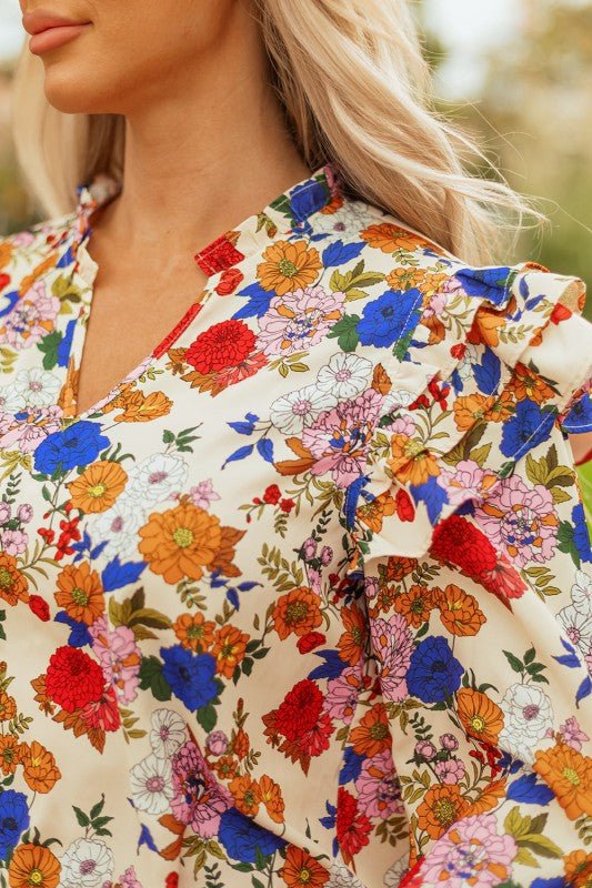 JUNIPER BLVD Floral Ruffle Shoulder Long Sleeve Blouse - Sleekdenim.com