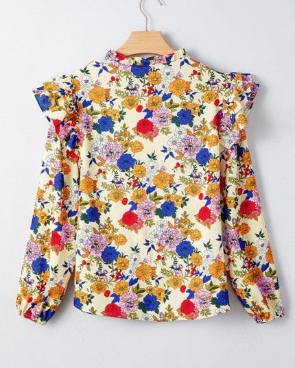 JUNIPER BLVD Floral Ruffle Shoulder Long Sleeve Blouse - Sleekdenim.com