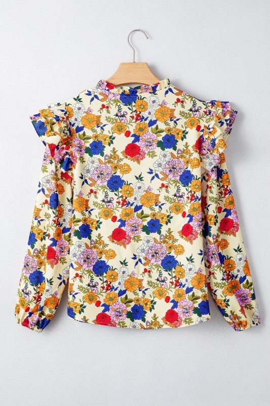 JUNIPER BLVD Floral Ruffle Shoulder Long Sleeve Blouse - Sleekdenim.com