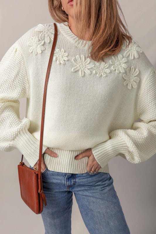 JUNIPER BLVD Floral Textured Puff Sleeve Round Neck Sweater - Sleekdenim.com