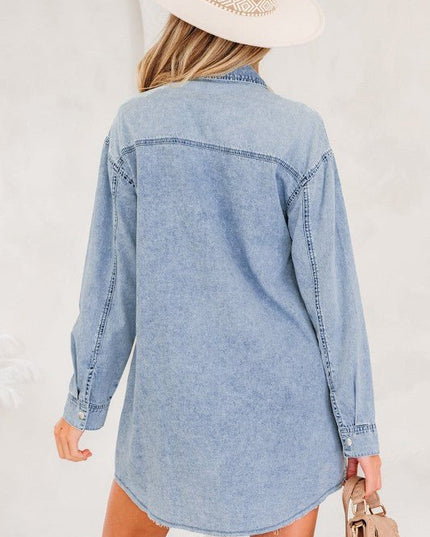 JUNIPER BLVD Solid Denim Chest Pocket Raw Hem Shirt Dress - Sleekdenim.com