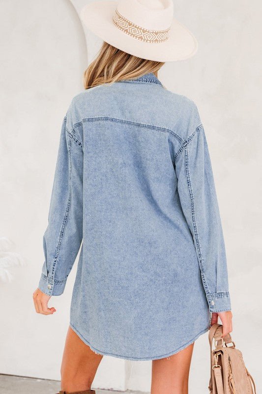 JUNIPER BLVD Solid Denim Chest Pocket Raw Hem Shirt Dress - Sleekdenim.com