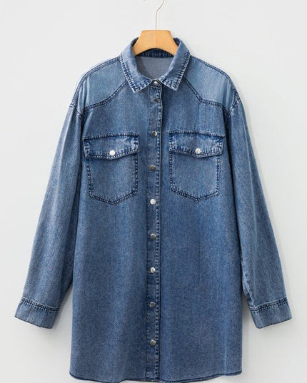 JUNIPER BLVD Solid Denim Chest Pocket Raw Hem Shirt Dress - Sleekdenim.com