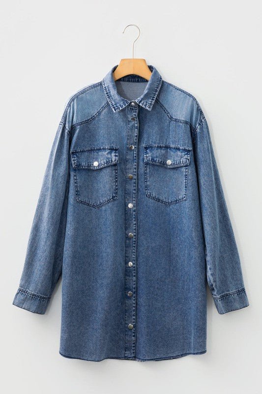 JUNIPER BLVD Solid Denim Chest Pocket Raw Hem Shirt Dress - Sleekdenim.com