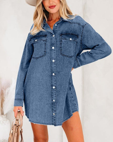 JUNIPER BLVD Solid Denim Chest Pocket Raw Hem Shirt Dress - Sleekdenim.com