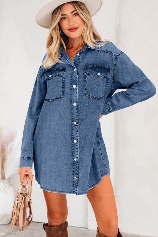 JUNIPER BLVD Solid Denim Chest Pocket Raw Hem Shirt Dress - Sleekdenim.com