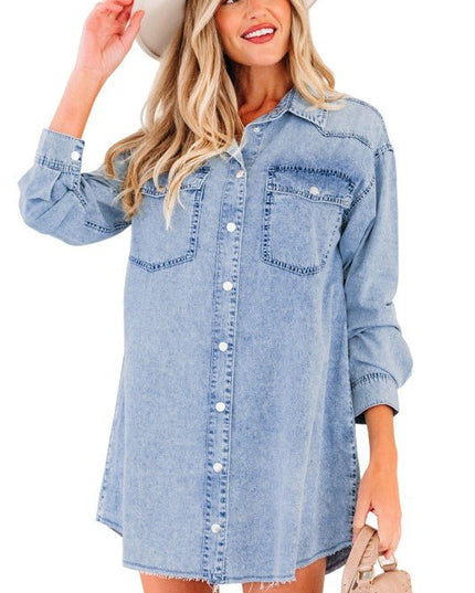 JUNIPER BLVD Solid Denim Chest Pocket Raw Hem Shirt Dress - Sleekdenim.com