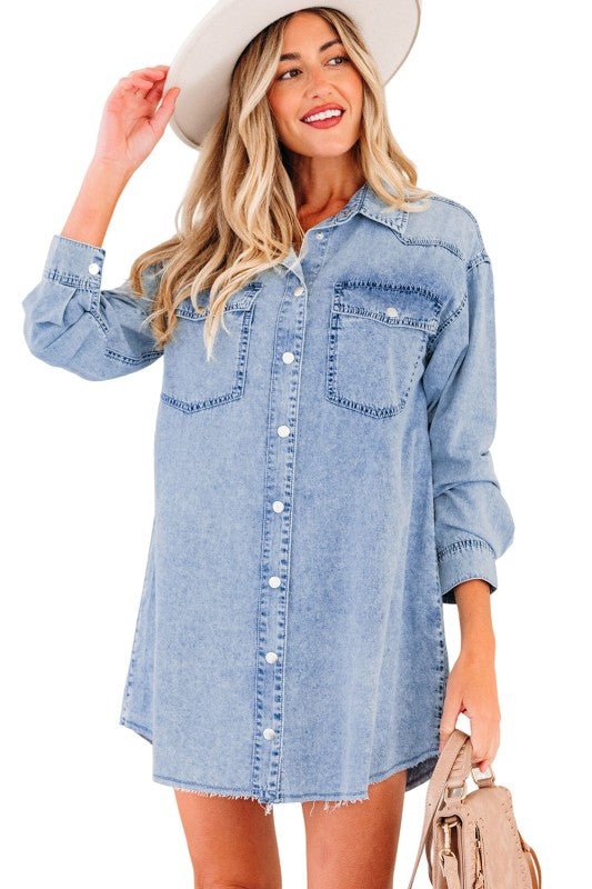 JUNIPER BLVD Solid Denim Chest Pocket Raw Hem Shirt Dress - Sleekdenim.com