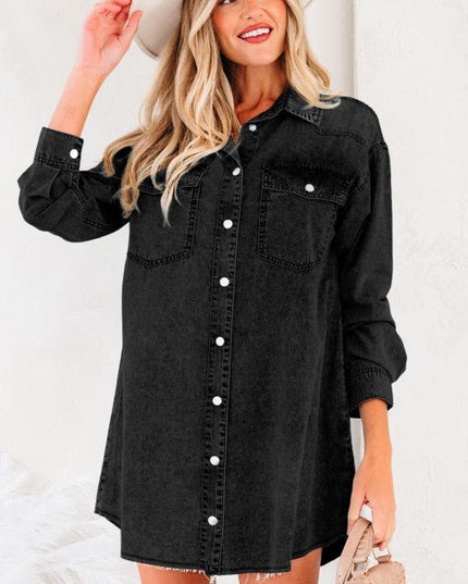 JUNIPER BLVD Solid Denim Chest Pocket Raw Hem Shirt Dress - Sleekdenim.com