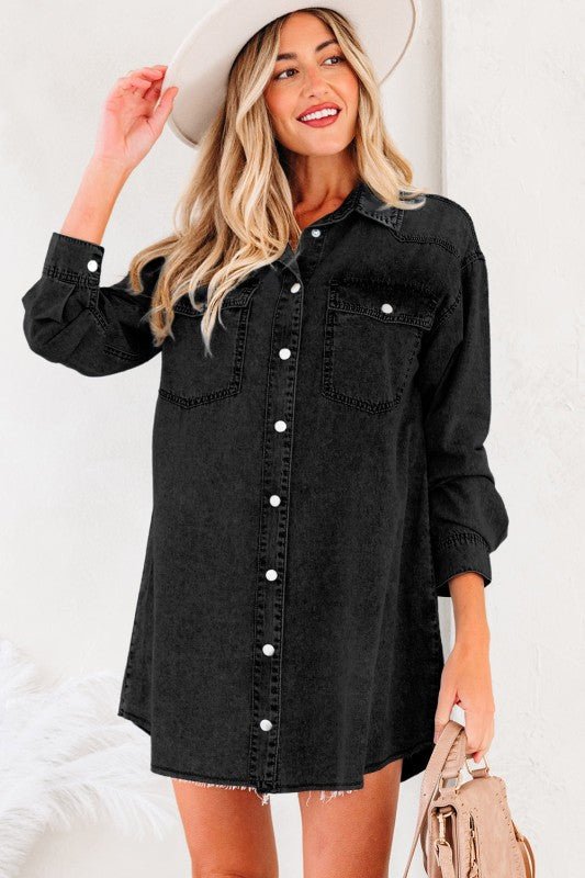 JUNIPER BLVD Solid Denim Chest Pocket Raw Hem Shirt Dress - Sleekdenim.com