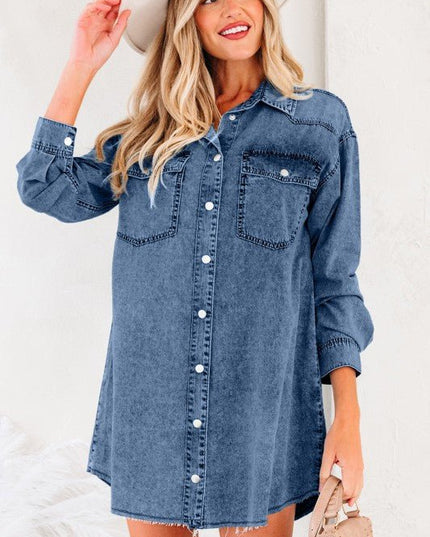 JUNIPER BLVD Solid Denim Chest Pocket Raw Hem Shirt Dress - Sleekdenim.com