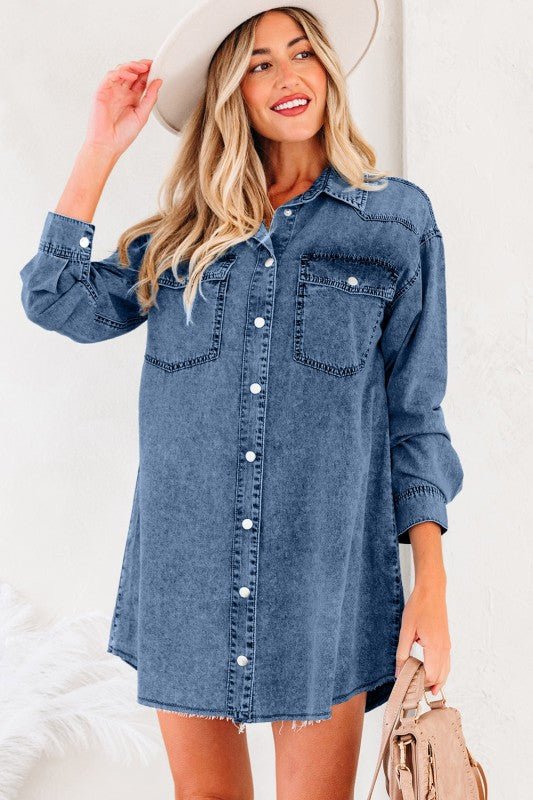 JUNIPER BLVD Solid Denim Chest Pocket Raw Hem Shirt Dress - Sleekdenim.com