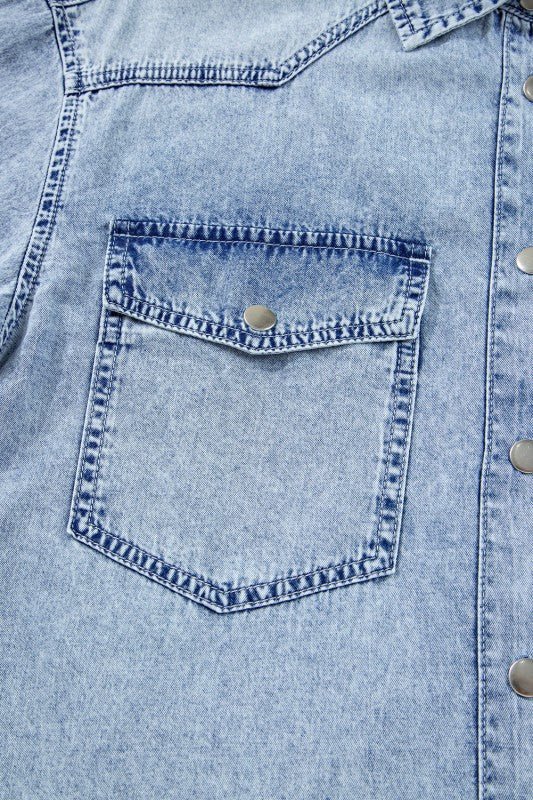 JUNIPER BLVD Solid Denim Chest Pocket Raw Hem Shirt Dress - Sleekdenim.com