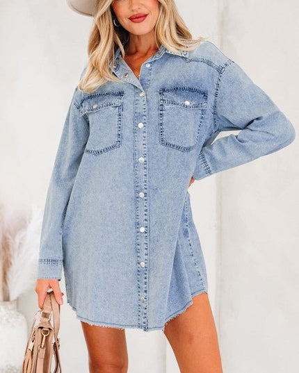 JUNIPER BLVD Solid Denim Chest Pocket Raw Hem Shirt Dress - Sleekdenim.com