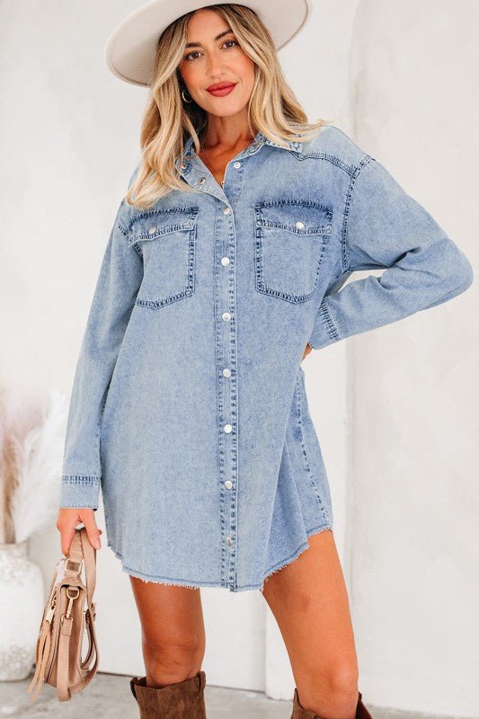 JUNIPER BLVD Solid Denim Chest Pocket Raw Hem Shirt Dress - Sleekdenim.com