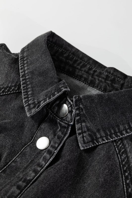 JUNIPER BLVD Solid Denim Chest Pocket Raw Hem Shirt Dress - Sleekdenim.com