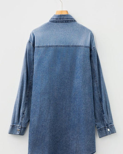 JUNIPER BLVD Solid Denim Chest Pocket Raw Hem Shirt Dress - Sleekdenim.com