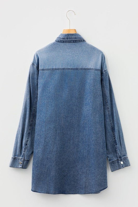 JUNIPER BLVD Solid Denim Chest Pocket Raw Hem Shirt Dress - Sleekdenim.com