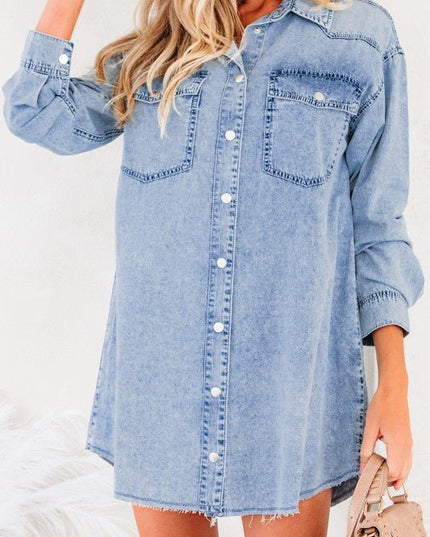 JUNIPER BLVD Solid Denim Chest Pocket Raw Hem Shirt Dress - Sleekdenim.com