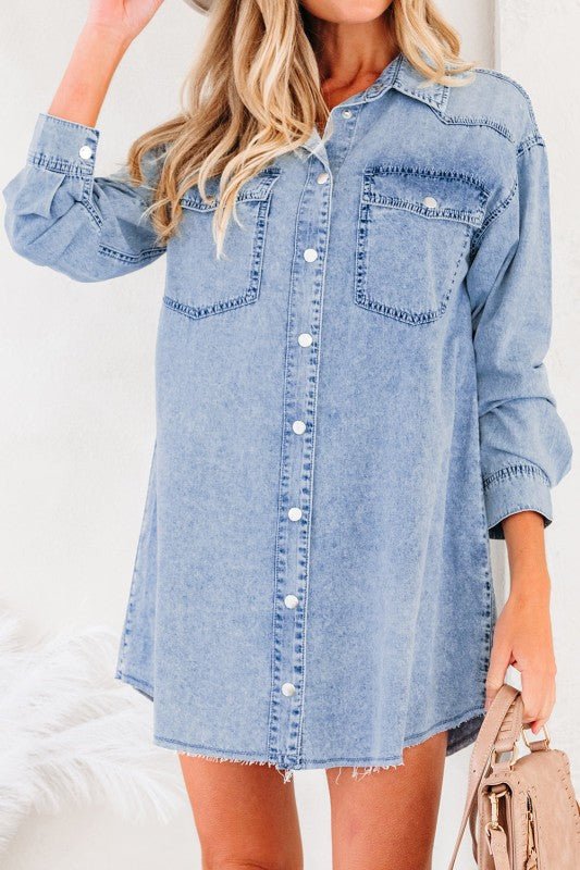 JUNIPER BLVD Solid Denim Chest Pocket Raw Hem Shirt Dress - Sleekdenim.com