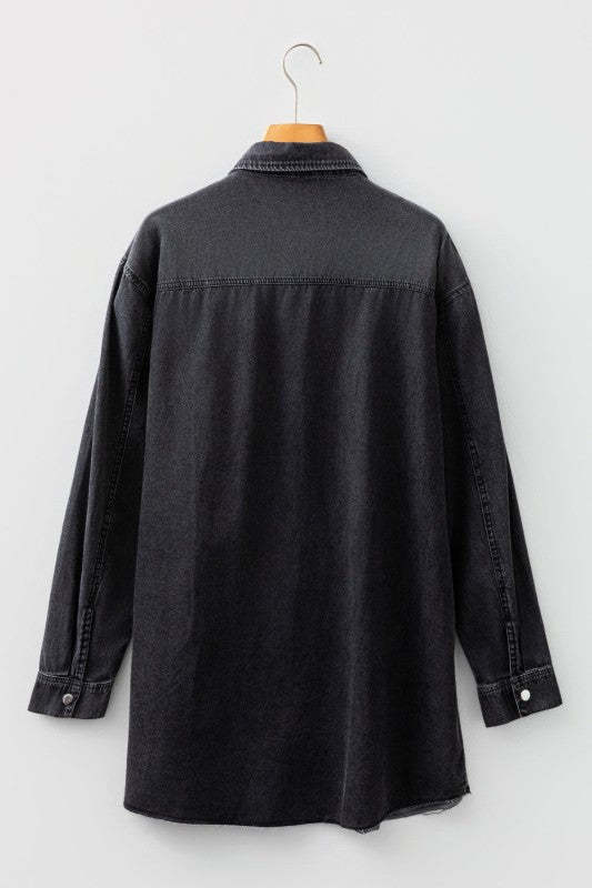 JUNIPER BLVD Solid Denim Chest Pocket Raw Hem Shirt Dress - Sleekdenim.com