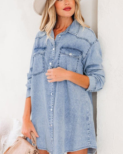 JUNIPER BLVD Solid Denim Chest Pocket Raw Hem Shirt Dress - Sleekdenim.com