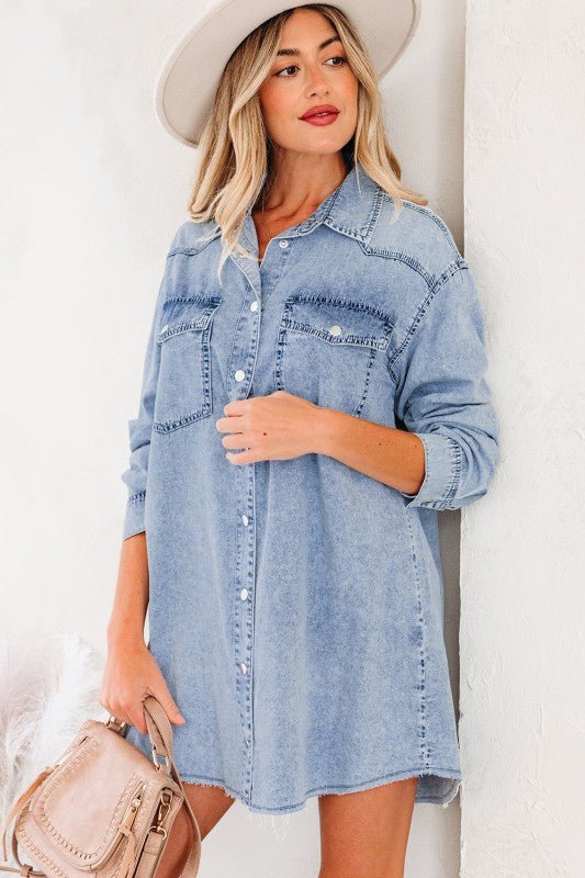 JUNIPER BLVD Solid Denim Chest Pocket Raw Hem Shirt Dress - Sleekdenim.com