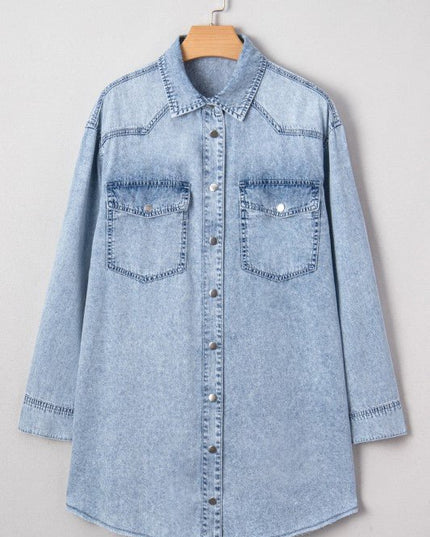 JUNIPER BLVD Solid Denim Chest Pocket Raw Hem Shirt Dress - Sleekdenim.com