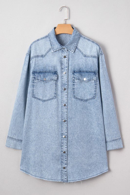 JUNIPER BLVD Solid Denim Chest Pocket Raw Hem Shirt Dress - Sleekdenim.com
