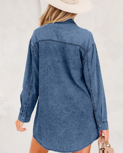 JUNIPER BLVD Solid Denim Chest Pocket Raw Hem Shirt Dress - Sleekdenim.com