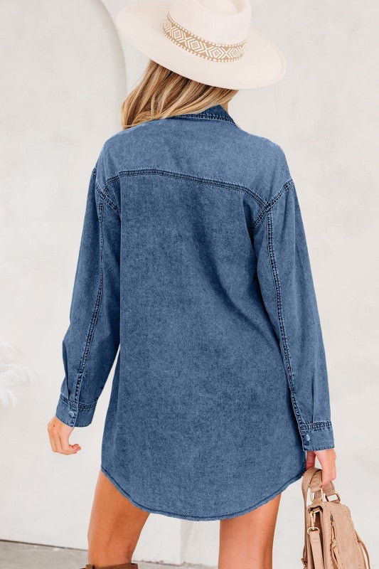 JUNIPER BLVD Solid Denim Chest Pocket Raw Hem Shirt Dress - Sleekdenim.com