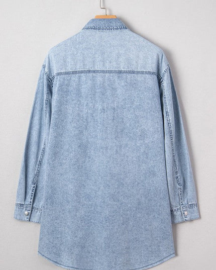 JUNIPER BLVD Solid Denim Chest Pocket Raw Hem Shirt Dress - Sleekdenim.com